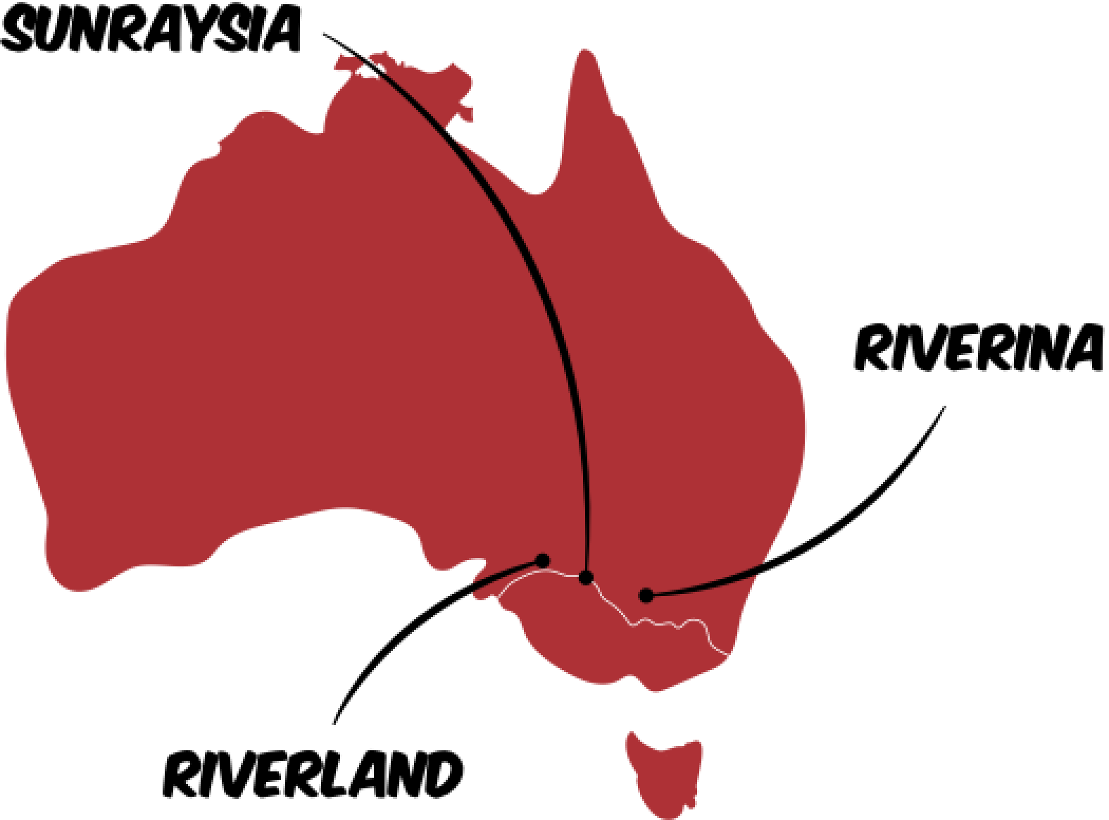Map of locations on Australia. Sunraysia, Riverina and Riverland.
